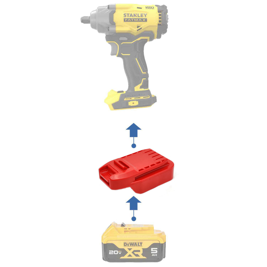 DeWalt 20V MAX to Stanley V20 battery adapter - compatibility diagram showing battery, adapter and impact wrench