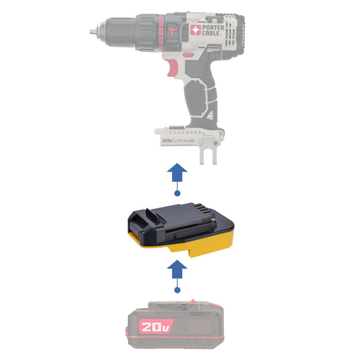 Bauer 20V to Porter Cable 20V battery adapter - compatibility diagram showing battery, adapter and hammer drill