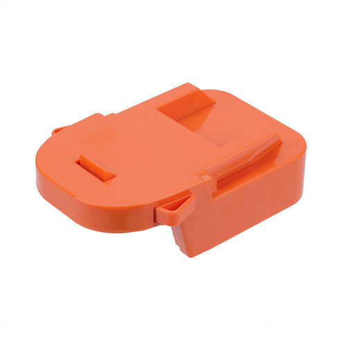 Bauer 20V to RIDGID 18V battery adapter - rear view of the closed shell, release latch tab and raised locating rib