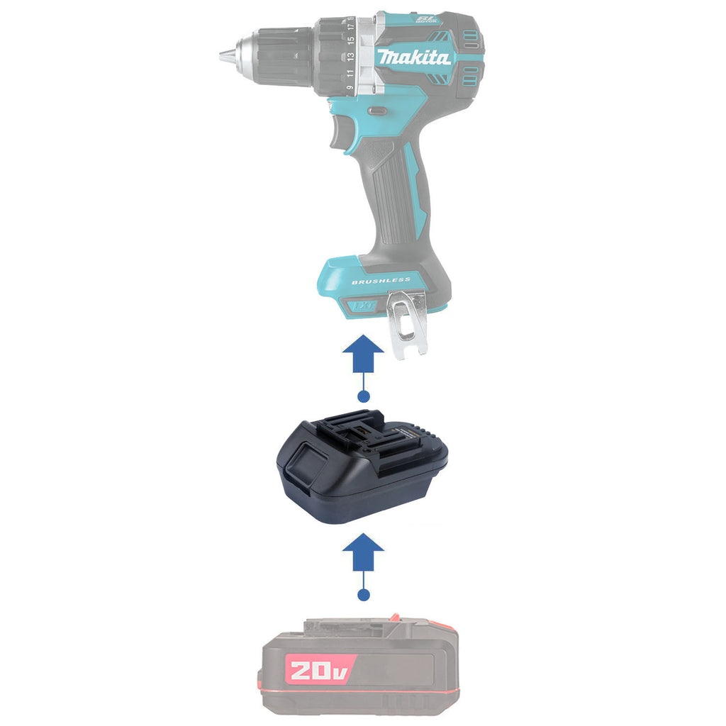 Bauer 20V to Makita 18V LXT battery adapter - compatibility diagram showing battery, adapter and drill driver