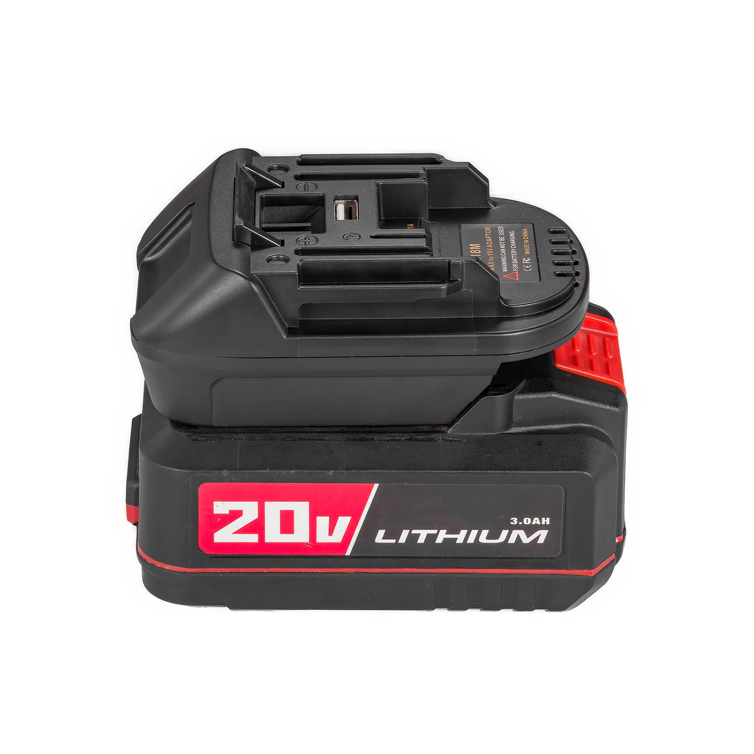 Bauer 20V to Makita 18V LXT battery adapter - Makita tool-side connection with USB-A port upward, seated on a battery pack