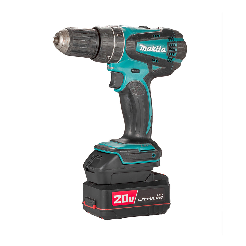 Bauer 20V to Makita 18V LXT battery adapter - cordless drill installed on the adapter, seated on a battery pack