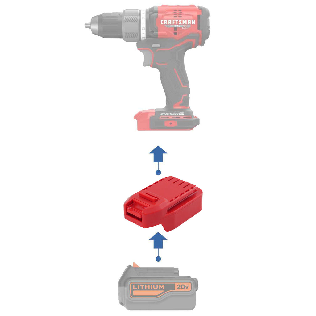 Black and Decker 20V to Craftsman 20V battery adapter - compatibility diagram showing battery, adapter and drill driver