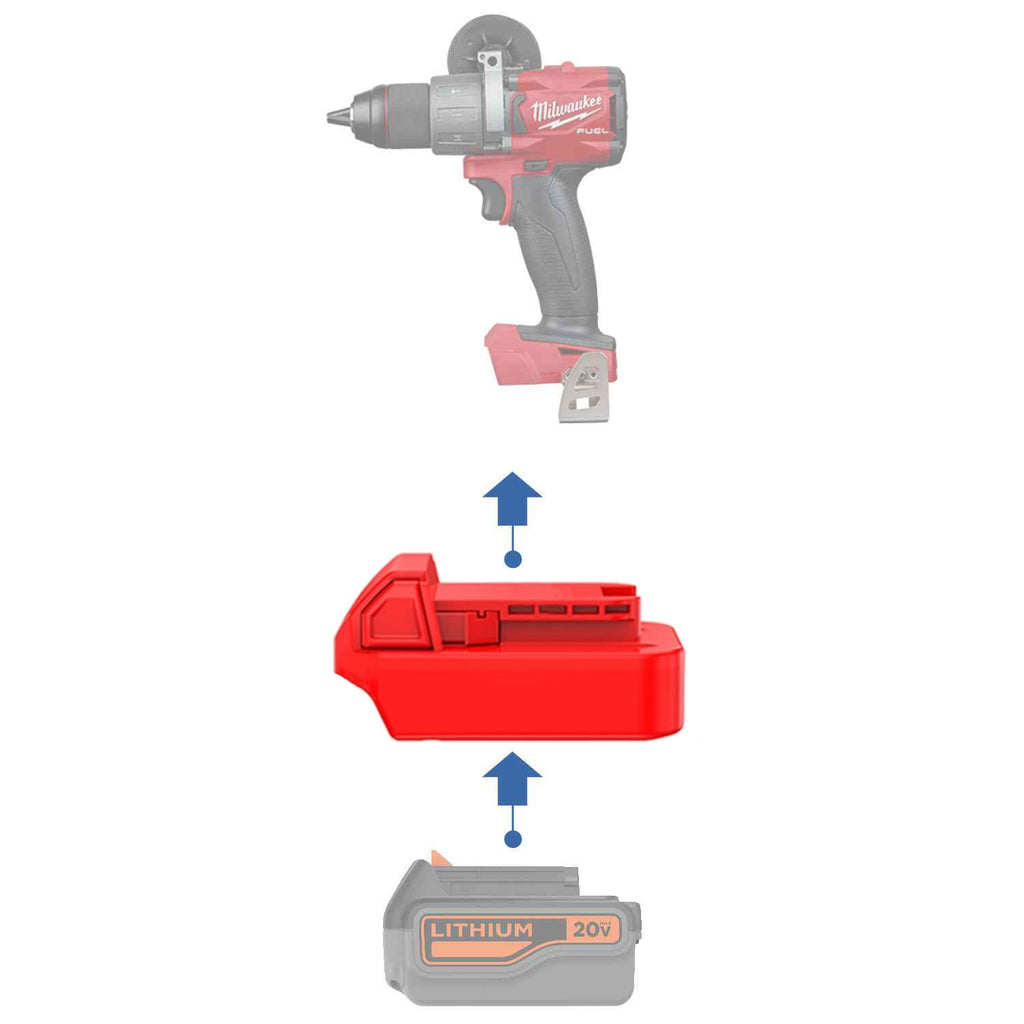 Black and Decker 20V to Milwaukee M18 battery adapter - compatibility diagram showing battery, adapter and hammer drill