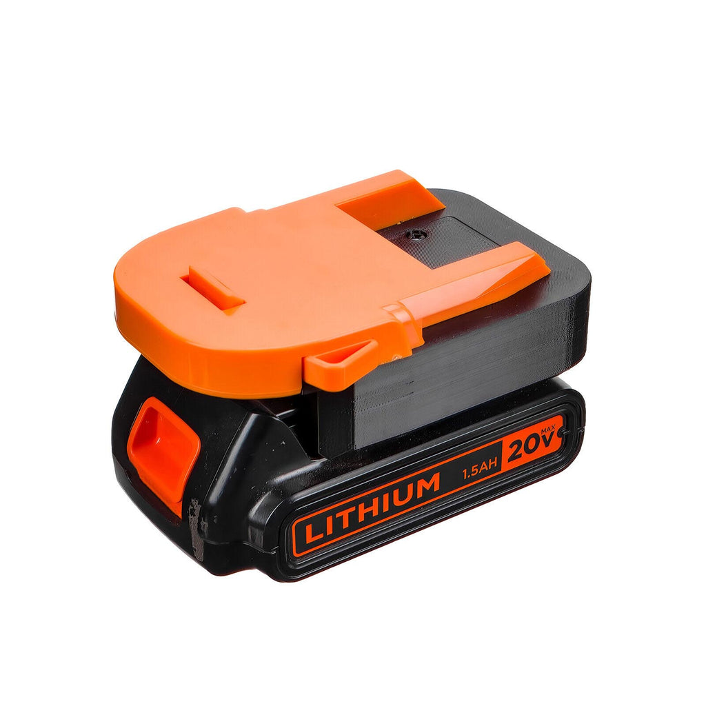 Black and Decker 20V to RIDGID 18V battery adapter - fitted to the Black and Decker 20V battery, tool-side rails upward