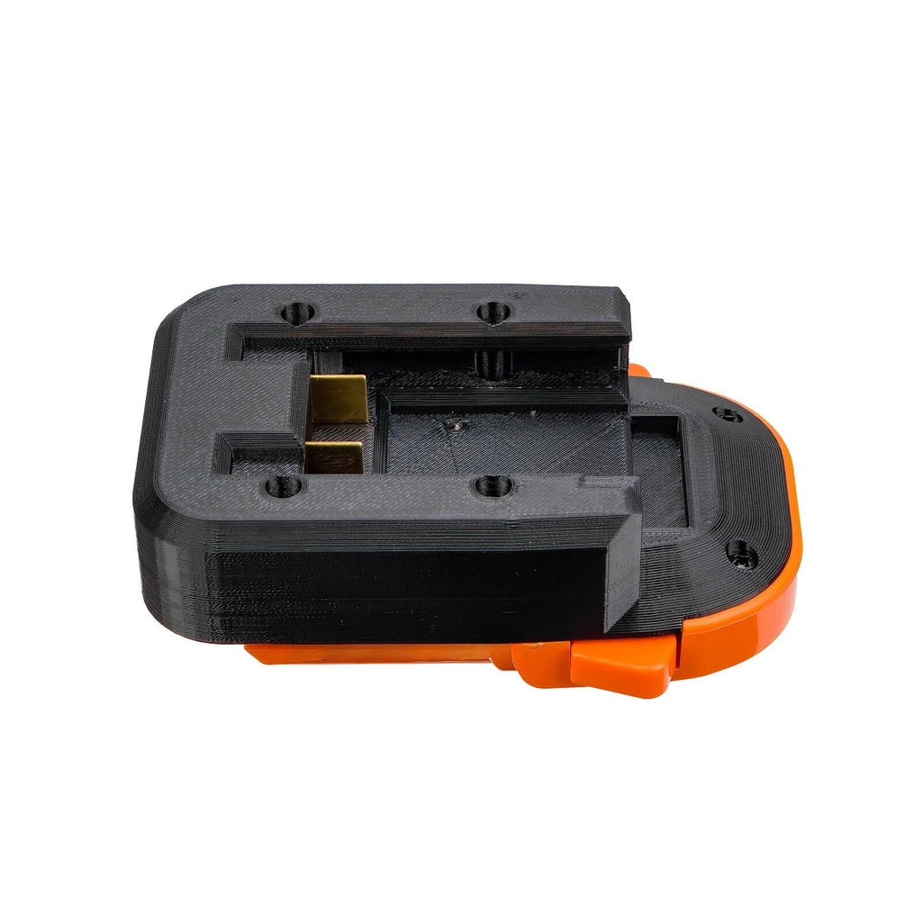 Black and Decker 20V to RIDGID 18V battery adapter - battery-side connection with copper terminal blades and screws