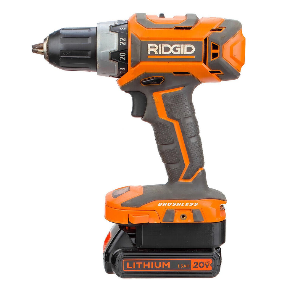 Black and Decker 20V to AEG 18V battery adapter - installed on a drill driver, fitted to the 20V 1.5Ah battery