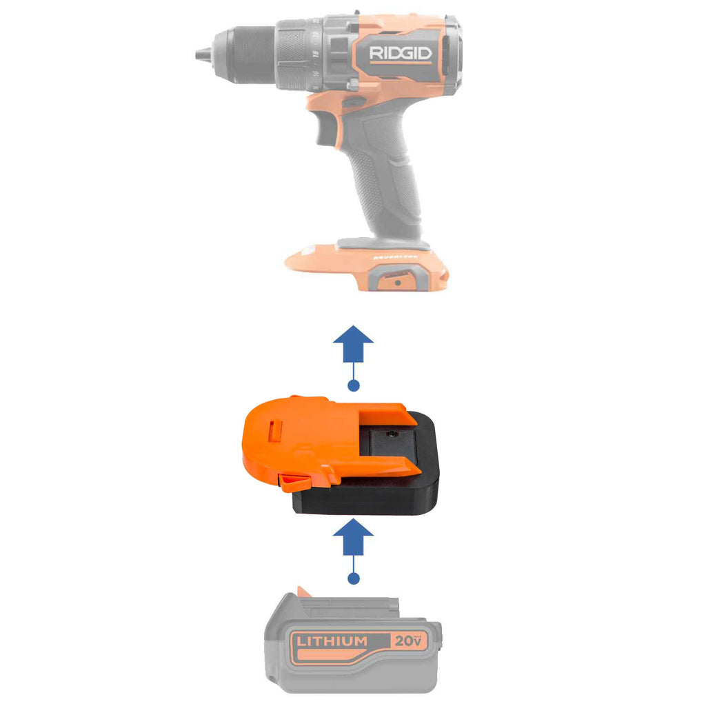 Black and Decker 20V to RIDGID 18V battery adapter - compatibility diagram showing battery, adapter and drill driver