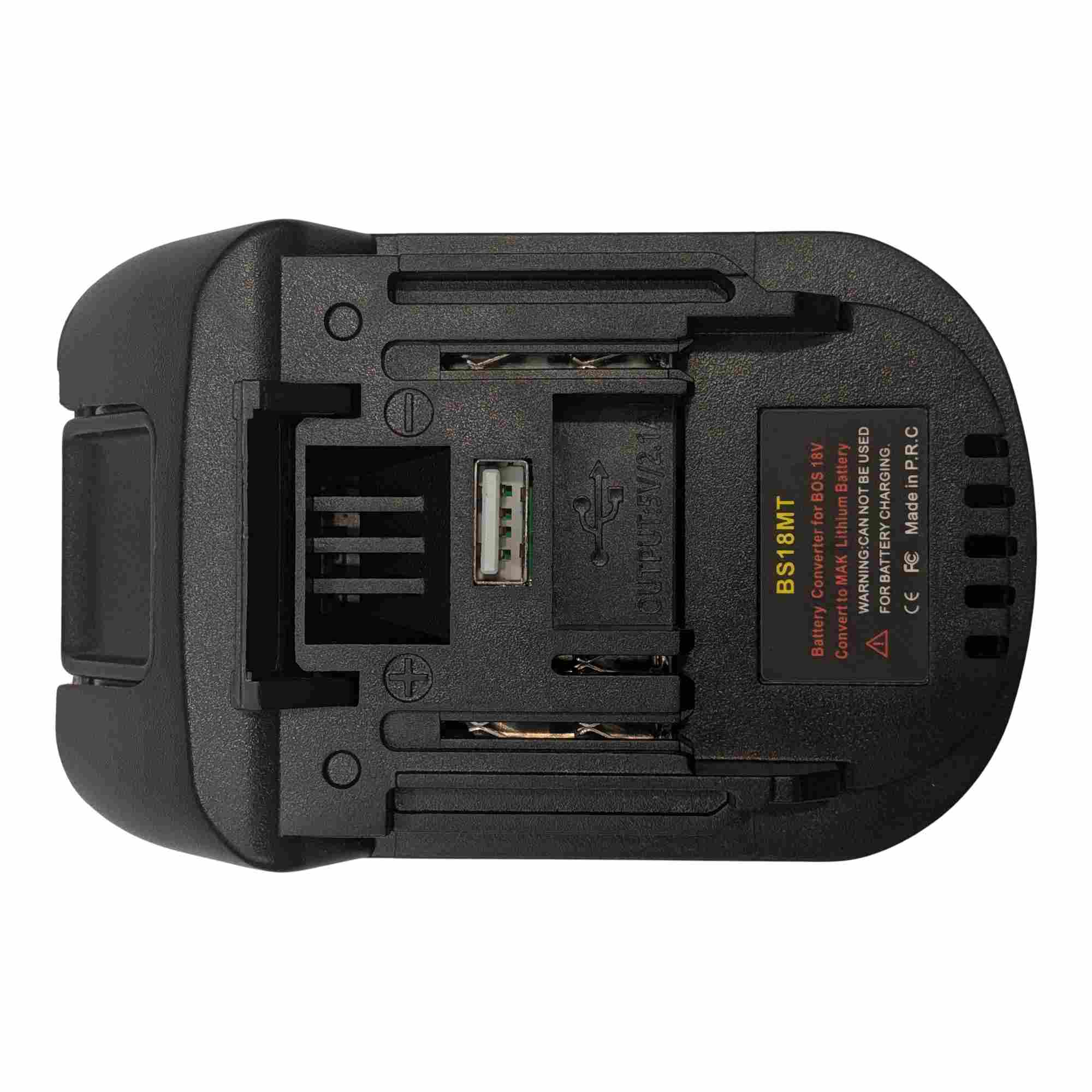 Bosch 18V GBA (Blue) to Makita 18V LXT battery adapter - Makita tool-side connection, copper terminals and a USB-A port