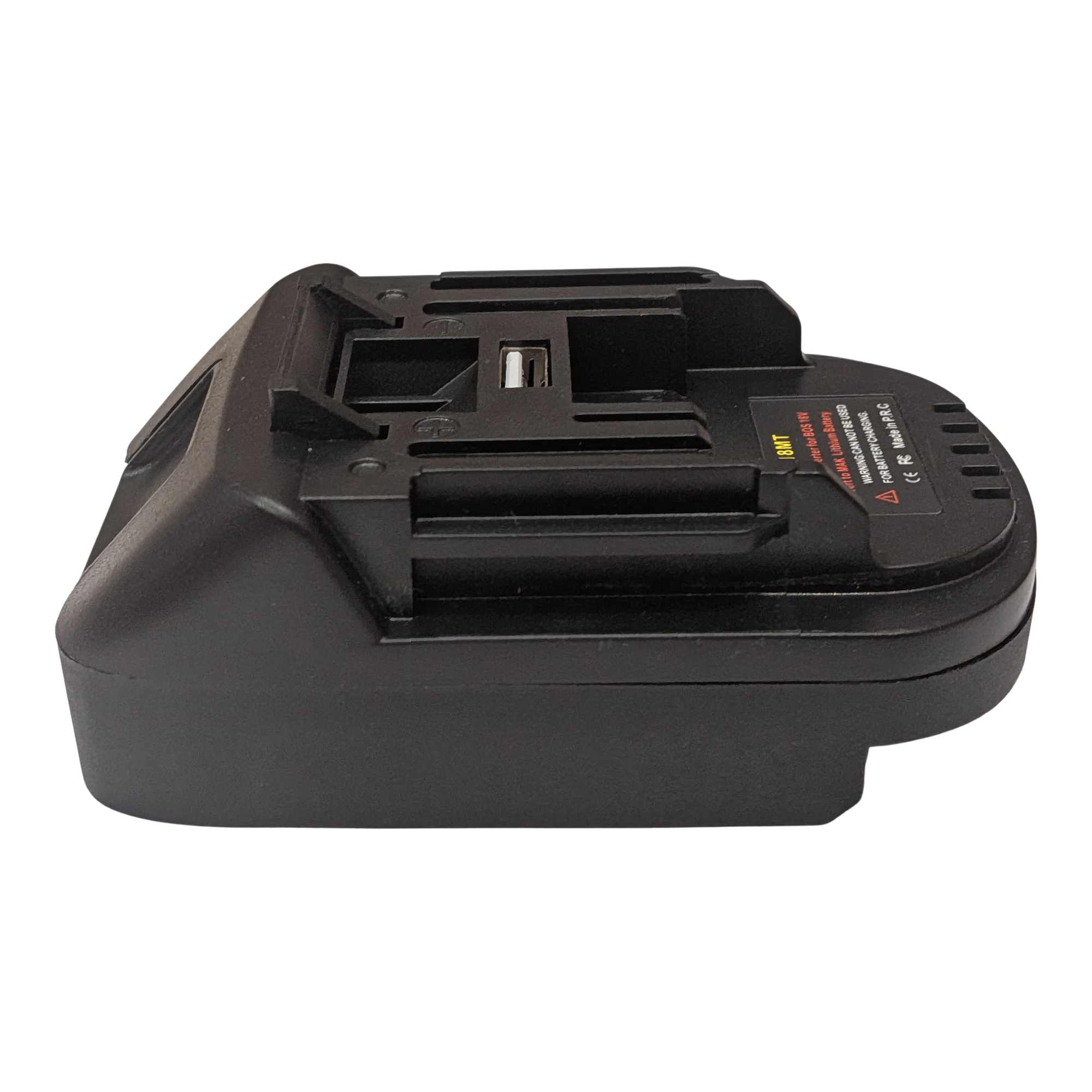 Bosch 18V GBA (Blue) to Makita 18V LXT battery adapter - Makita tool-side connection above the body, USB-A port in the rail