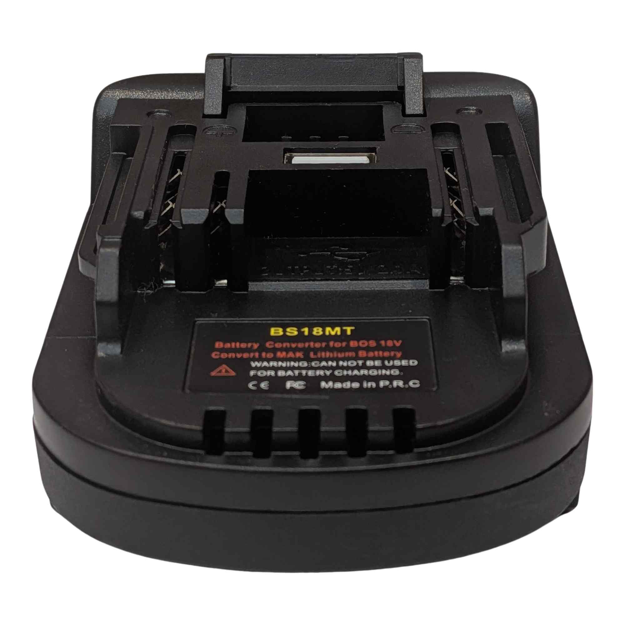Bosch 18V GBA (Blue) to Makita 18V LXT battery adapter - Makita tool-side connection, copper terminals and a USB-A port