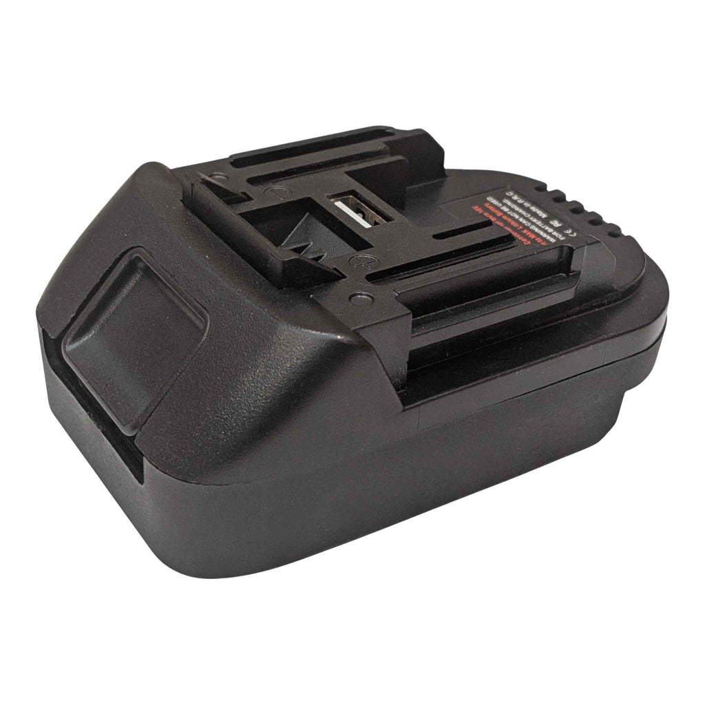Bosch 18V GBA (Blue) to Makita 18V LXT battery adapter - Makita tool-side connection above the body, USB-A port in the rail
