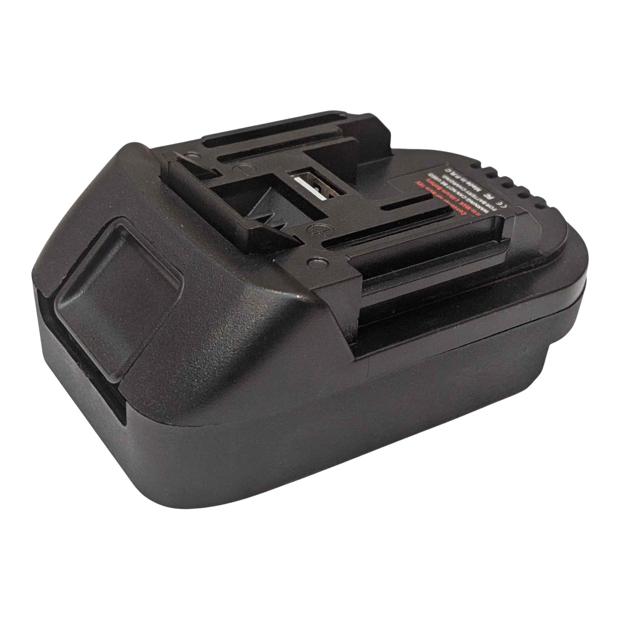 Bosch 18V GBA (Blue) to Makita 18V LXT battery adapter - Makita tool-side connection above the body, USB-A port in the rail