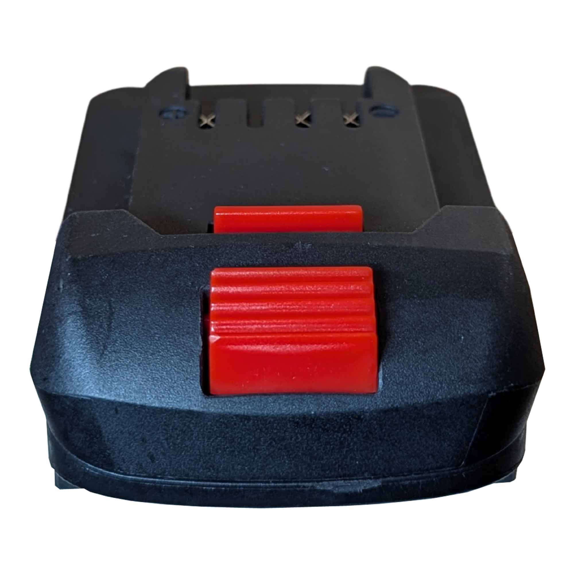 Bosch 18V GBA (Blue) to Parkside X20V battery adapter - end view showing the ribbed release catch and release button