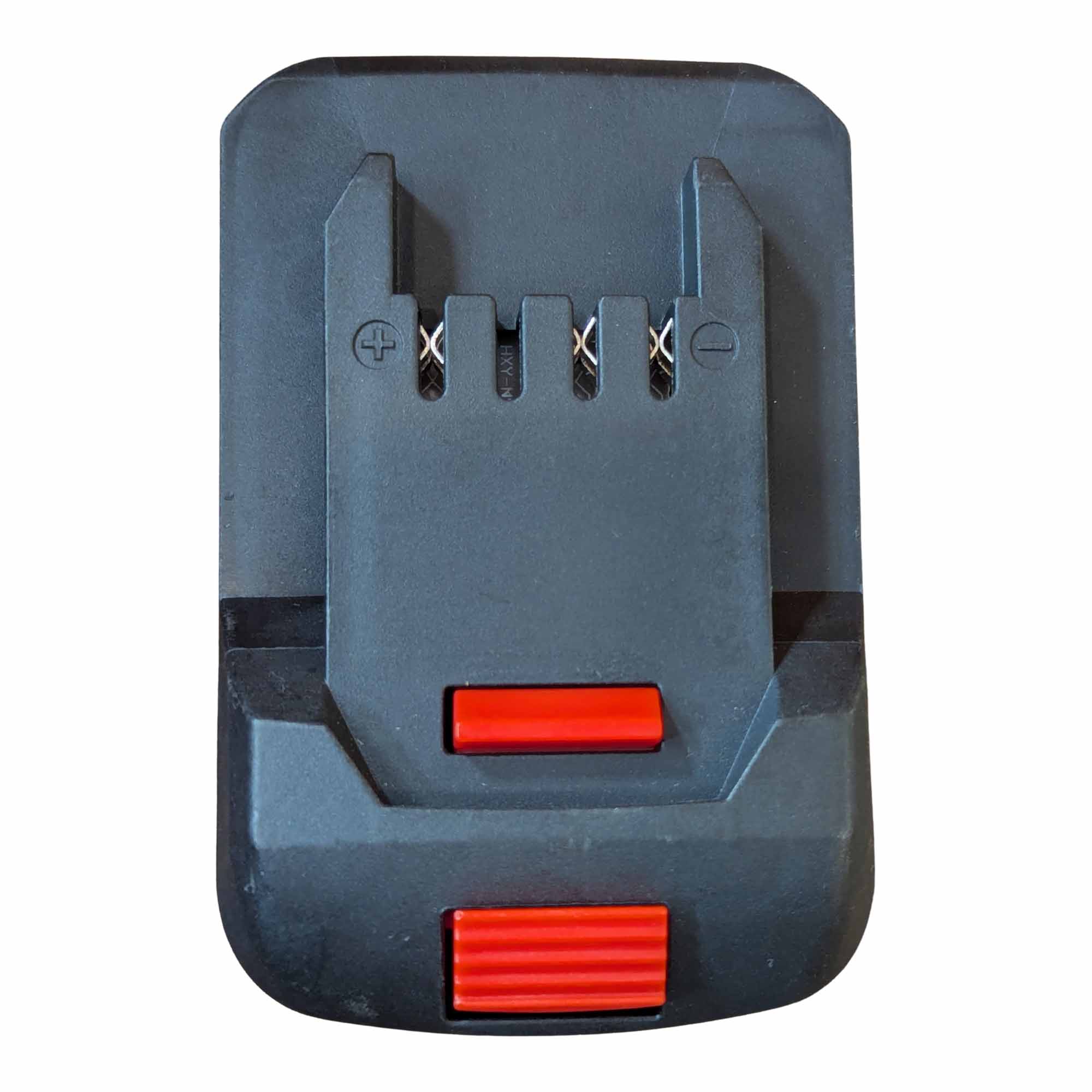 Bosch 18V GBA (Blue) to Parkside X20V battery adapter - tool-side connection with terminal slots and polarity marks