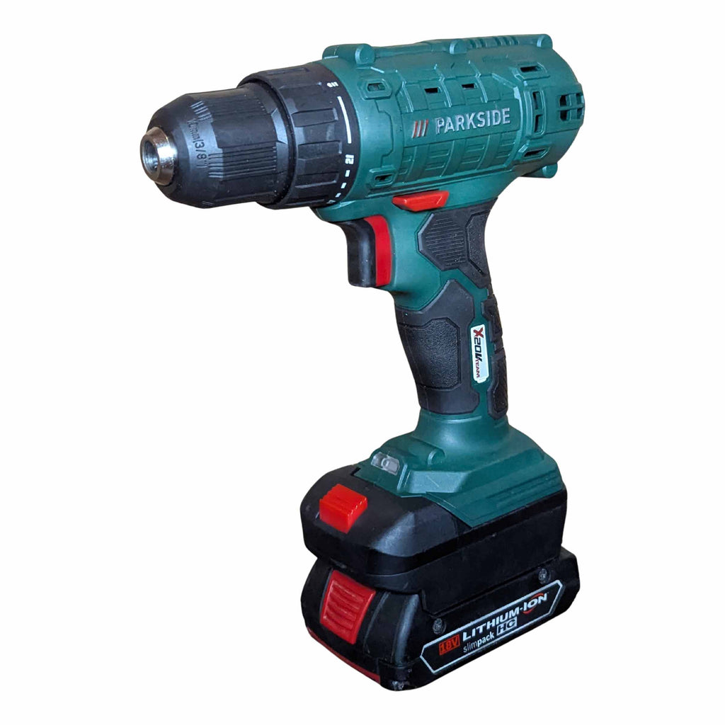 Bosch 18V GBA (Blue) to Parkside X20V battery adapter - installed on a drill with the battery fitted below