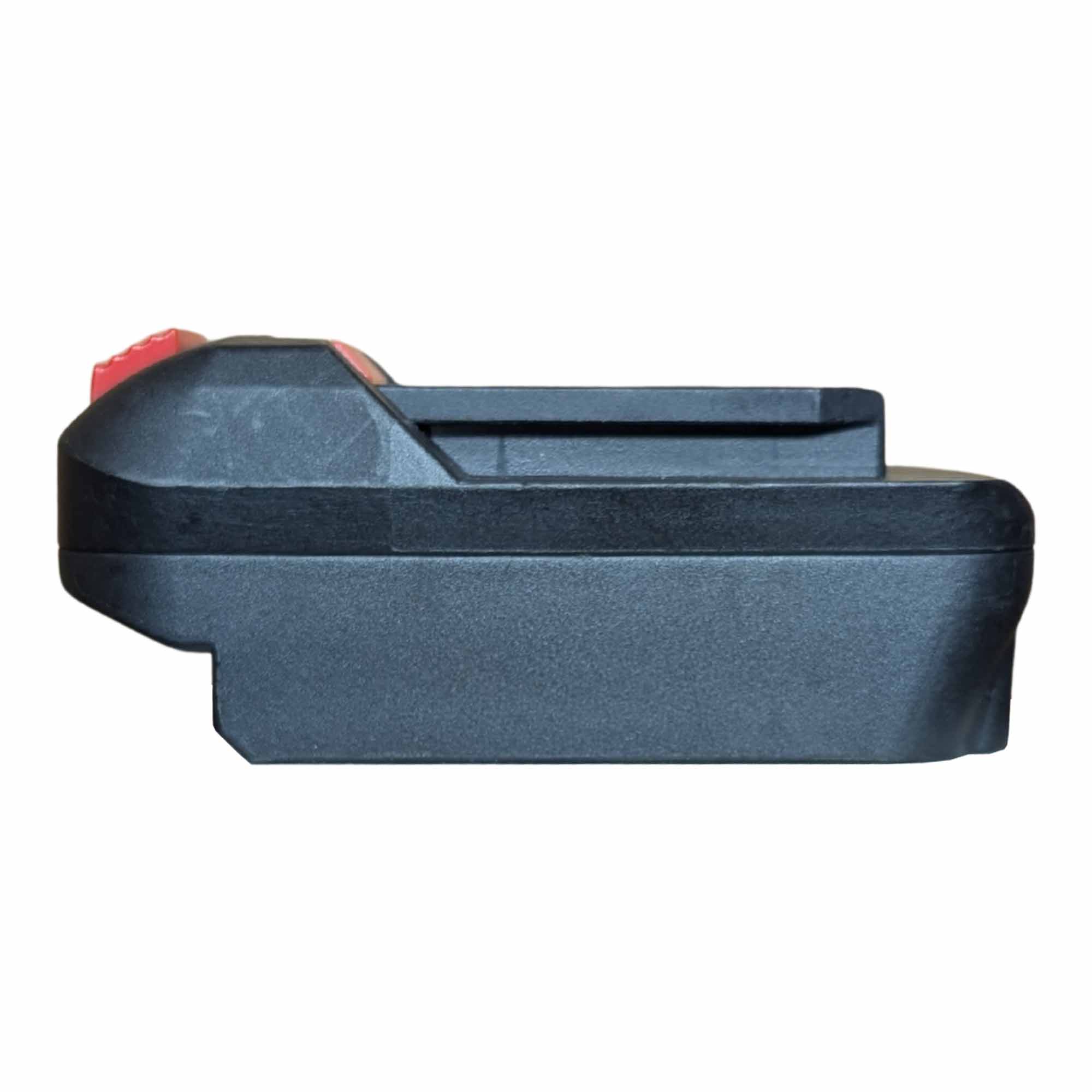 Bosch 18V GBA (Blue) to Parkside X20V battery adapter - side view showing both connections, release catch at the end