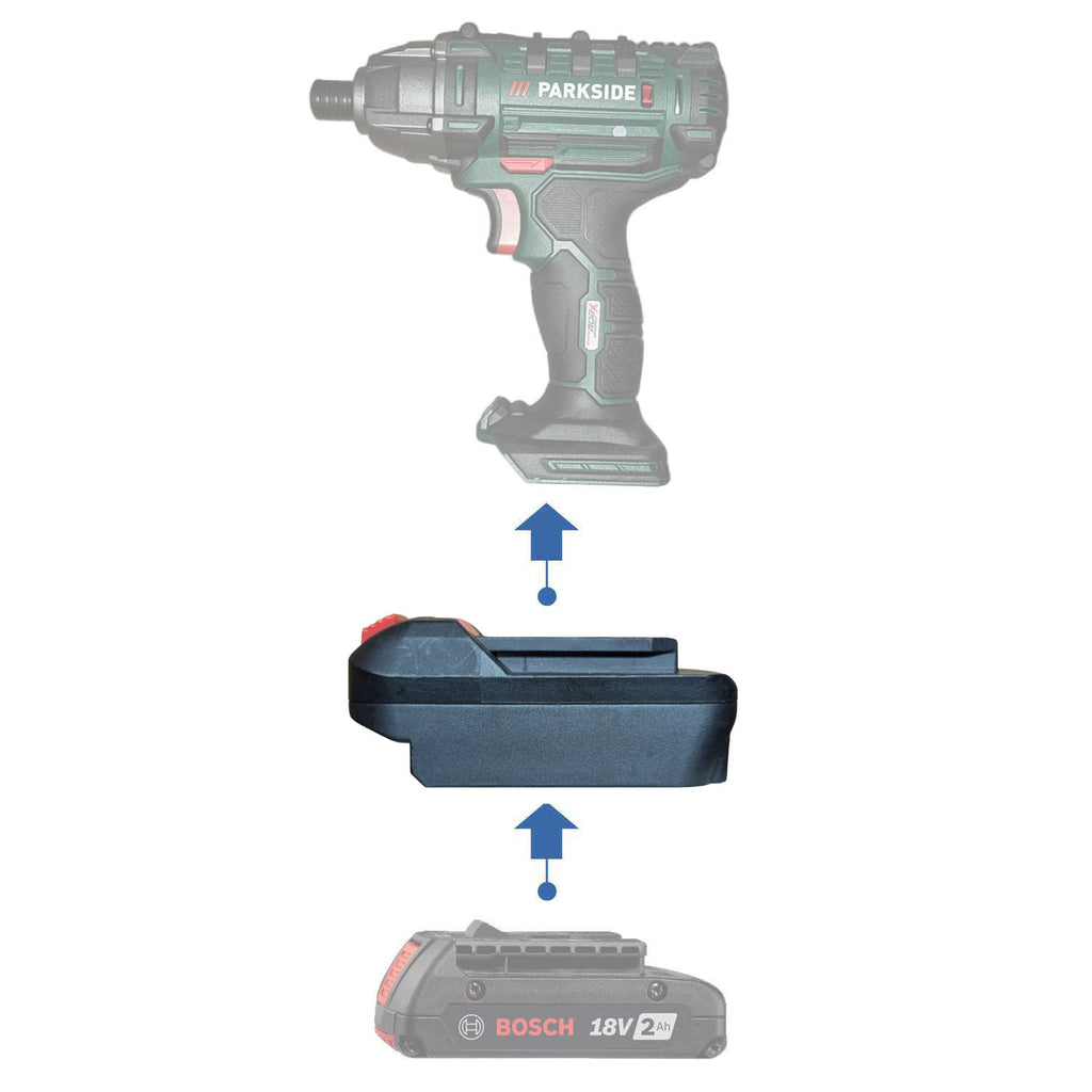 Bosch 18V GBA (Blue) to Parkside X20V battery adapter - compatibility diagram showing battery, adapter and impact driver