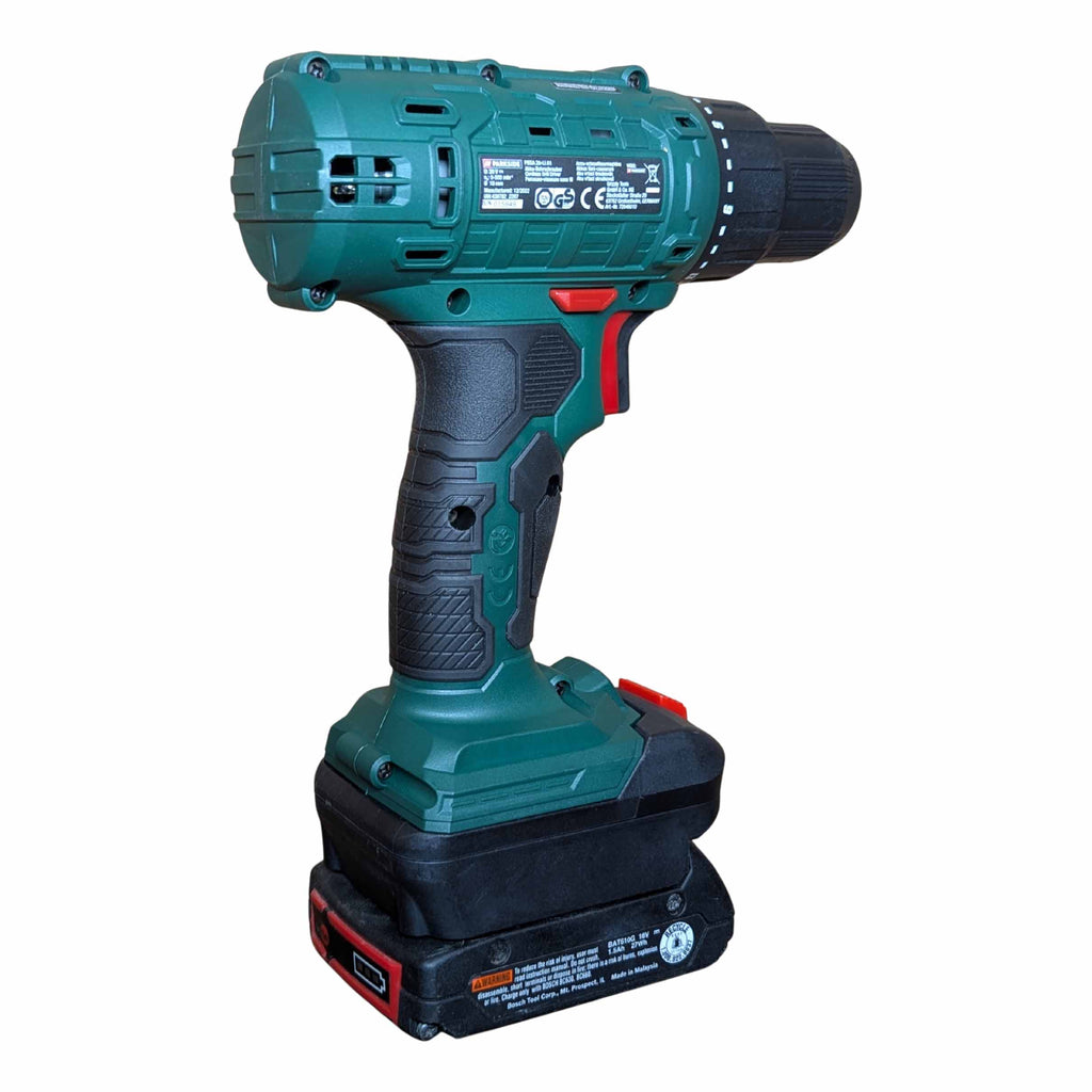 Bosch 18V GBA (Blue) to Parkside X20V battery adapter - installed on a drill with the battery fitted below