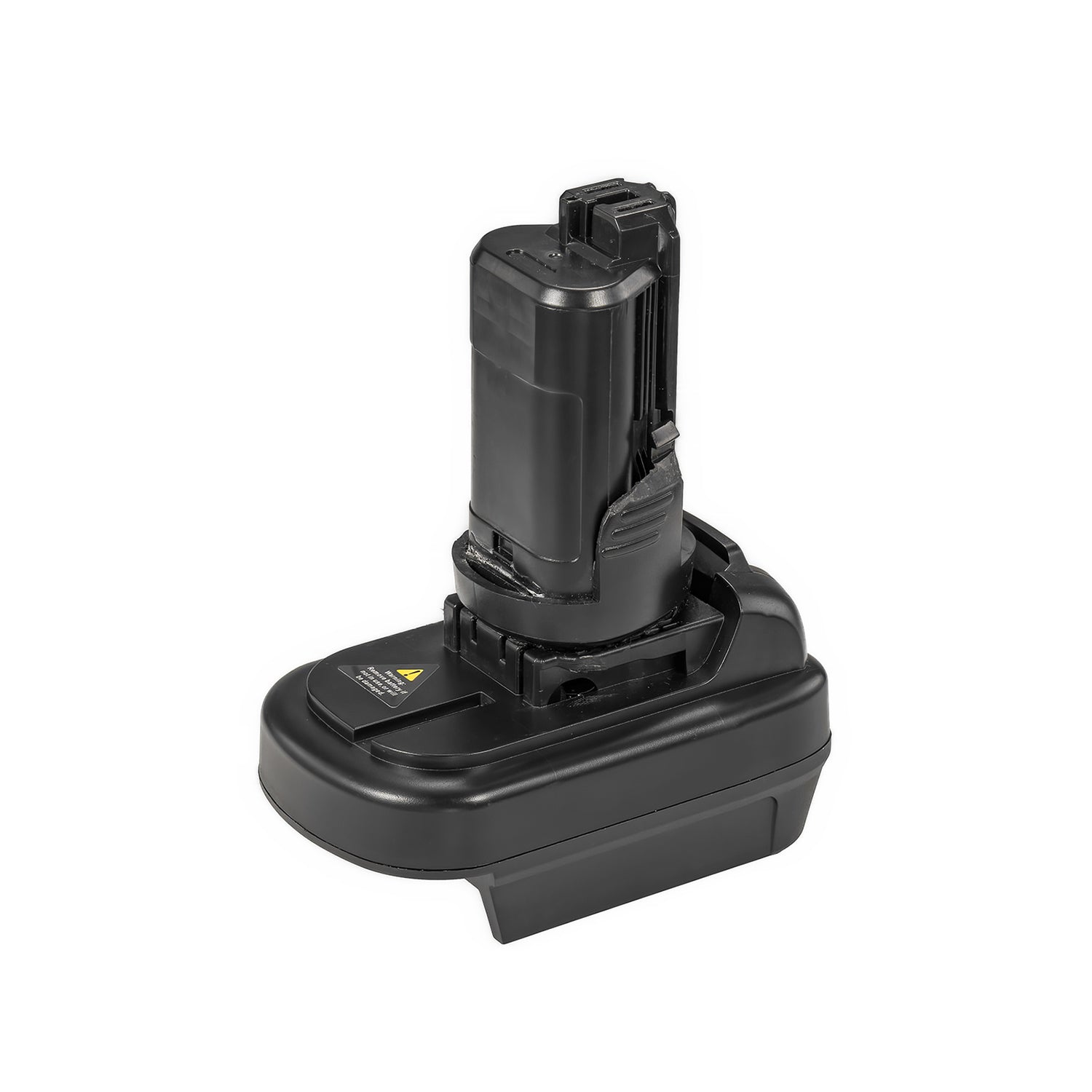DeWalt 20V MAX to Dremel 12V 8220/8250 battery adapter - tool-side stem upright on the body, three-quarter view