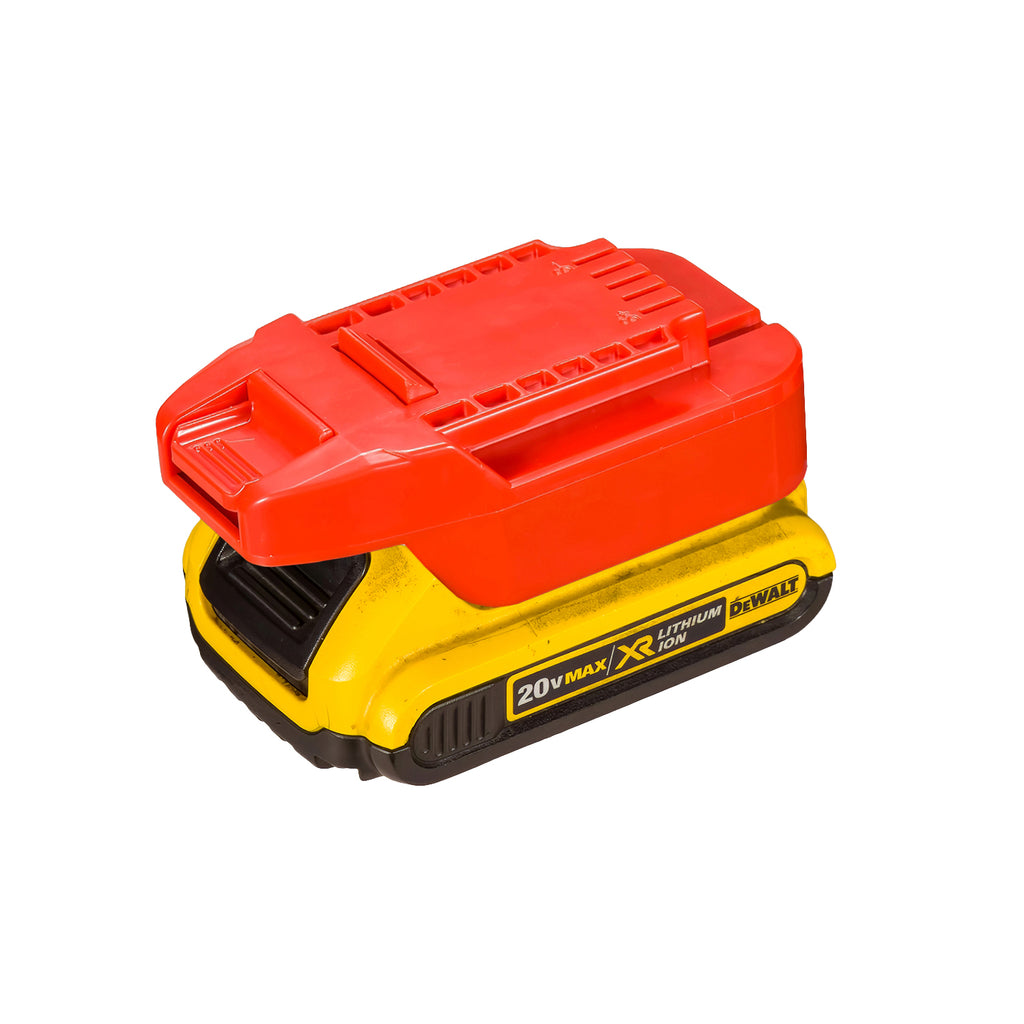 DeWalt 20V MAX to Bauer 20V battery adapter - fitted to the DeWalt 20V MAX battery, tool-side rails and latch upward