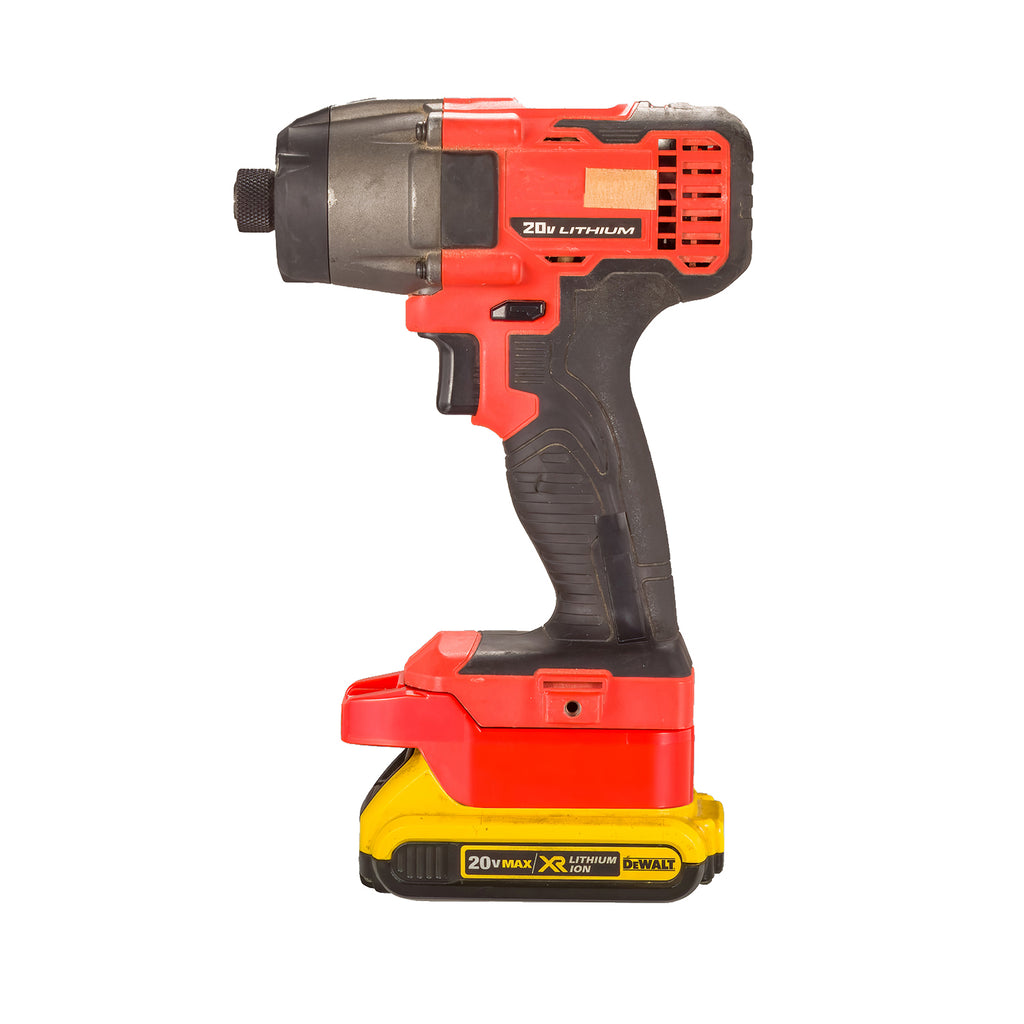 DeWalt 20V MAX to Bauer 20V battery adapter - side view installed on an impact driver with the battery fitted