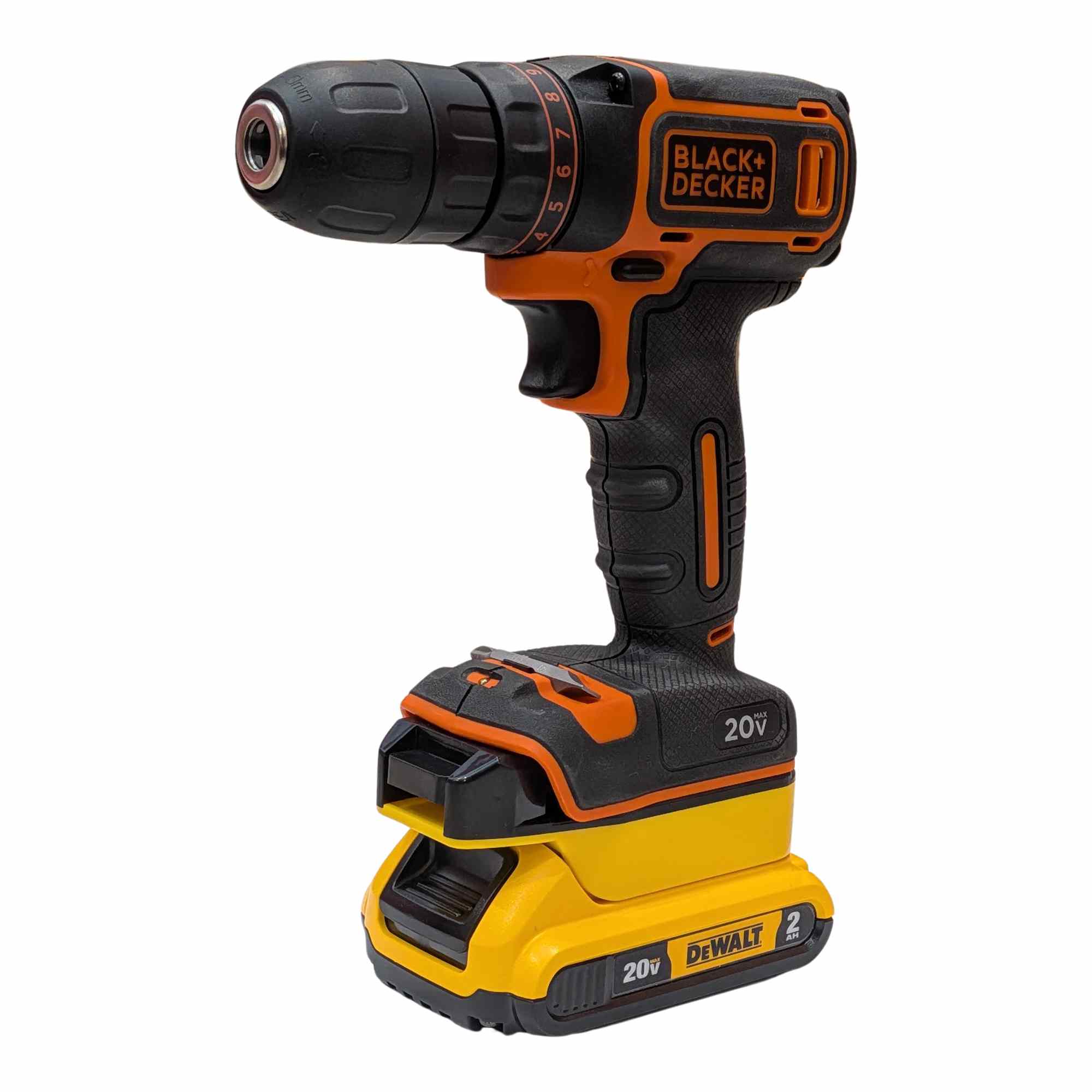 DeWalt 20V MAX to Black and Decker 20V battery adapter - installed on a Black and Decker drill with the battery attached