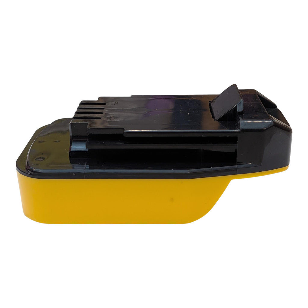DeWalt 20V MAX to Black and Decker 20V battery adapter - side view, tool-side plate over the yellow body