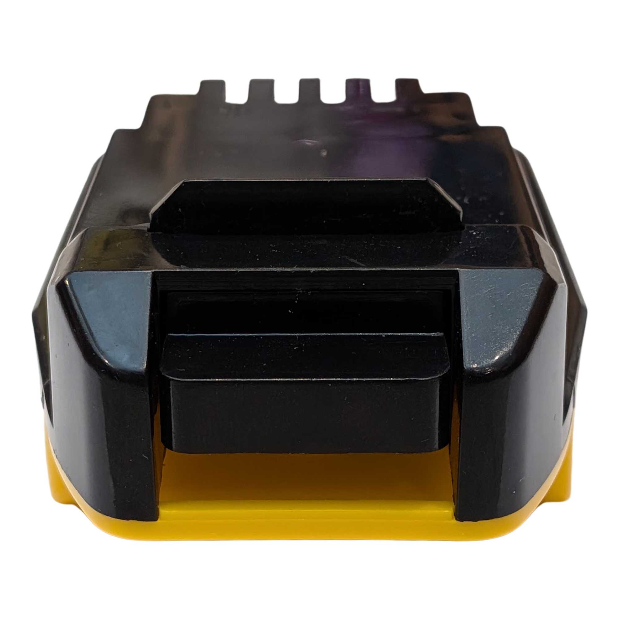 DeWalt 20V MAX to Black and Decker 20V battery adapter - end view of the tool-side plate above the yellow base