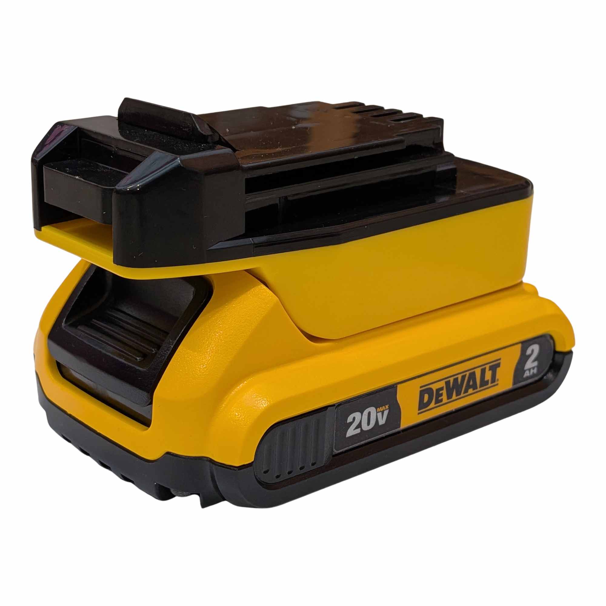 DeWalt 20V MAX to Black and Decker 20V battery adapter - fitted to the DeWalt 20V MAX battery, tool-side plate facing up