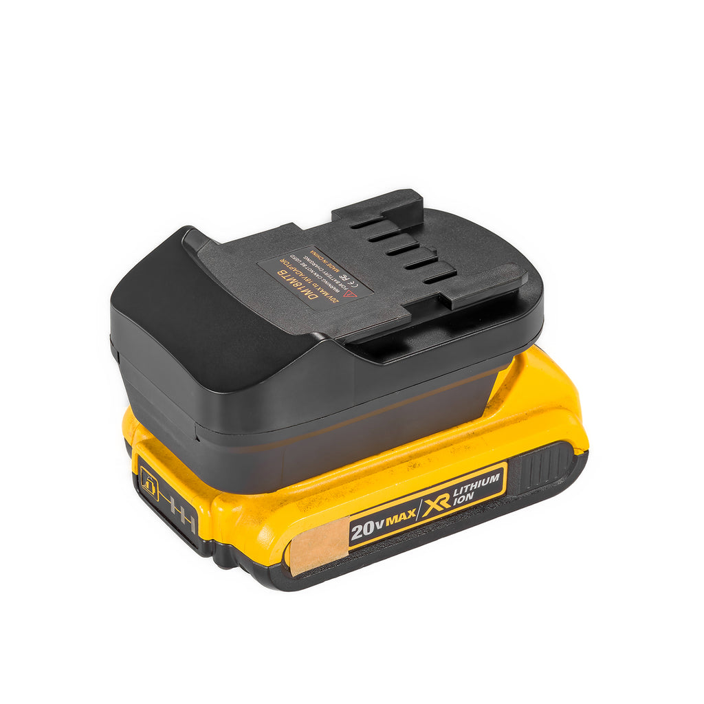 DeWalt 20V MAX to Metabo CAS 18V battery adapter - fitted to the battery, Metabo CAS tool-side connection upward