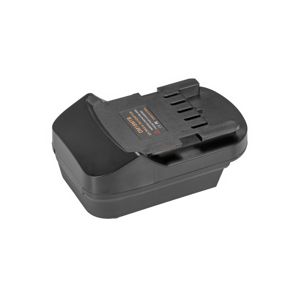 DeWalt 20V MAX to Metabo CAS 18V battery adapter - Metabo CAS tool-side connection, five terminal slots and printed label