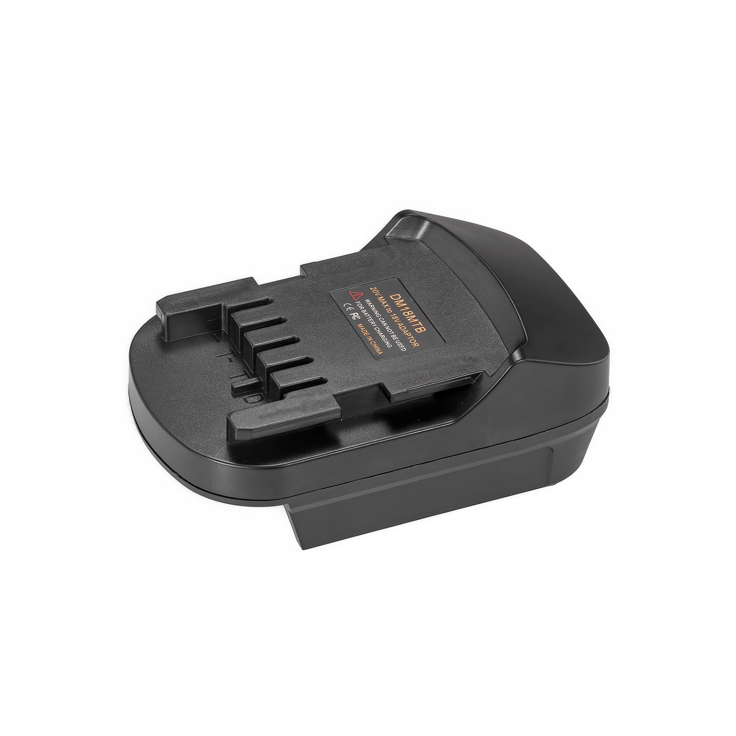 DeWalt 20V MAX to Metabo CAS 18V battery adapter - Metabo CAS tool-side connection, five terminal slots and printed label