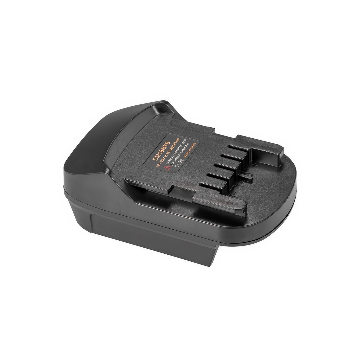 DeWalt 20V MAX to Metabo CAS 18V battery adapter - Metabo CAS tool-side connection, five terminal slots and printed label