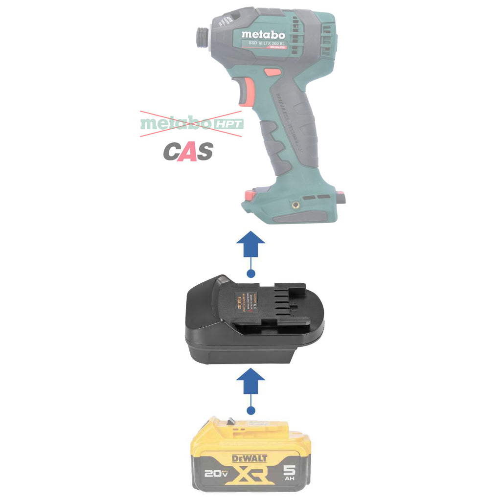 DeWalt 20V MAX to Metabo CAS 18V battery adapter - compatibility diagram showing battery, adapter and impact driver