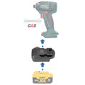 DeWalt 20V MAX to Metabo CAS 18V battery adapter - compatibility diagram showing battery, adapter and impact driver