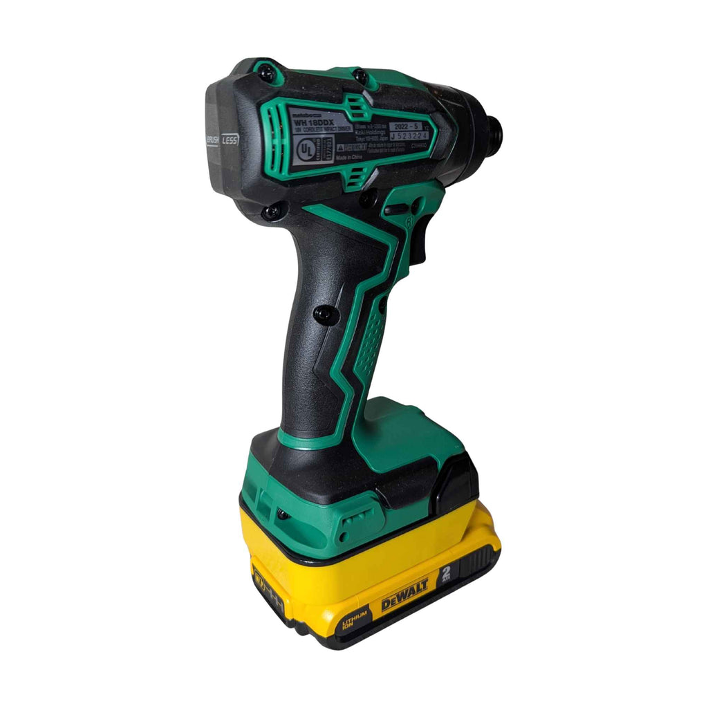 DeWalt 20V MAX to Metabo HPT 18V battery adapter - installed on a Metabo HPT impact driver, rear view