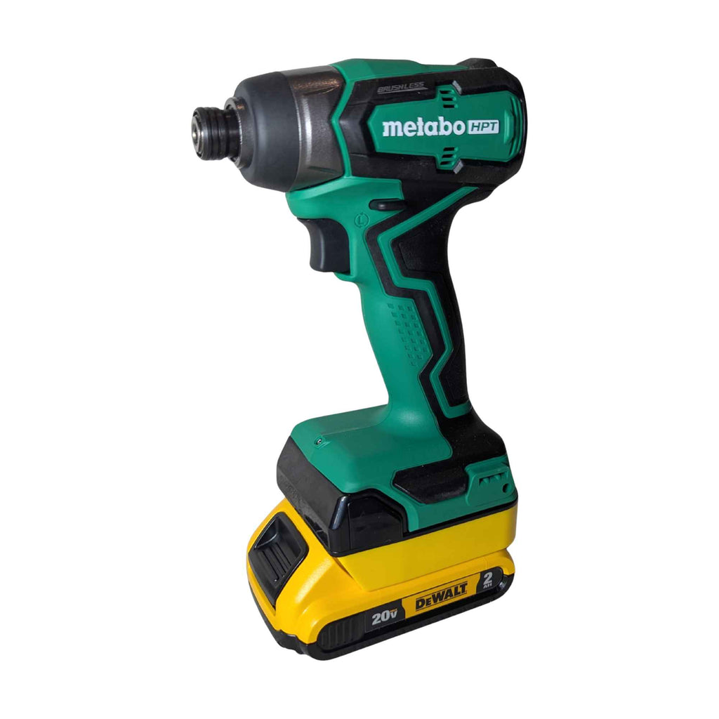 DeWalt 20V MAX to Metabo HPT 18V battery adapter - installed on a Metabo HPT impact driver with the DeWalt battery attached
