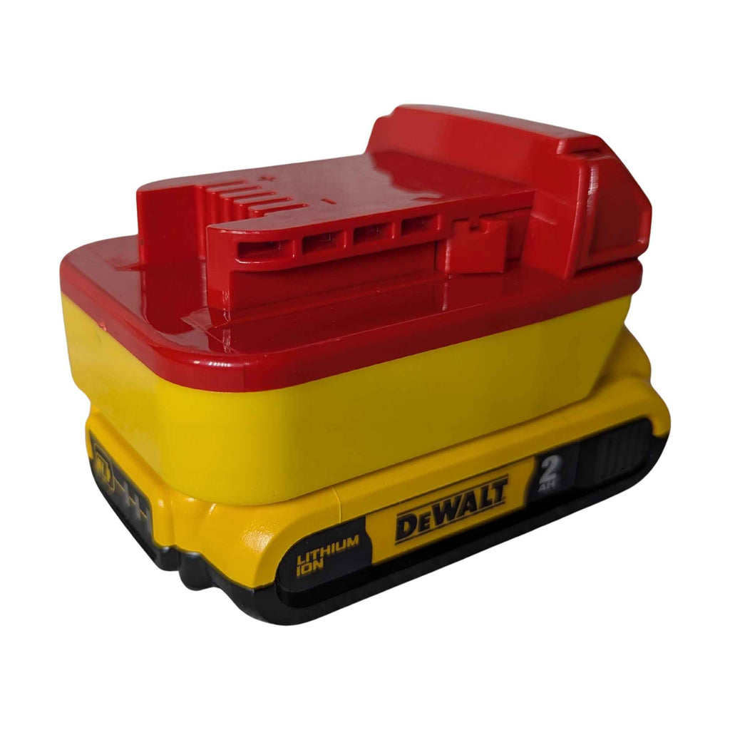 DeWalt 20V MAX to Milwaukee M18 battery adapter - fitted to the DeWalt 20V MAX battery, tool-side terminal slots in view