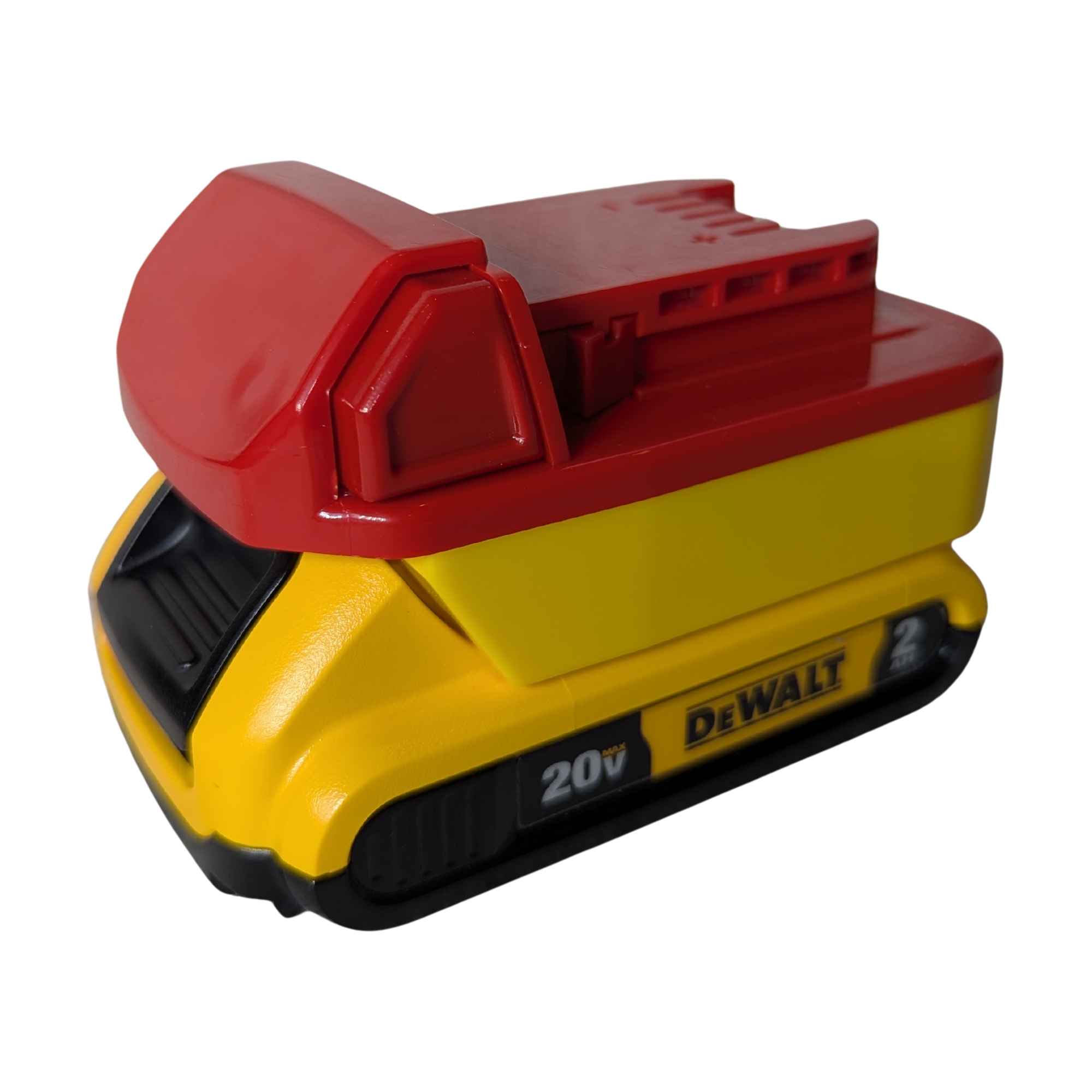 DeWalt 20V MAX to Milwaukee M18 battery adapter - fitted to the DeWalt 20V MAX battery, tool-side rail and latch facing up