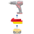 DeWalt 20V MAX to Milwaukee M18 battery adapter - compatibility diagram showing battery, adapter and hammer drill