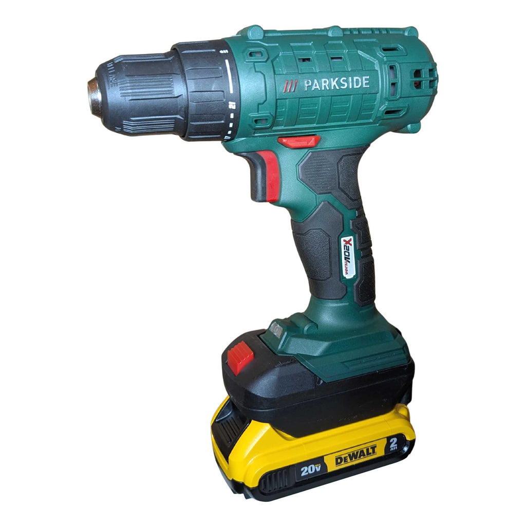 DeWalt 20V MAX to Parkside X20V battery adapter - Parkside drill installed on the adapter over the battery, front view