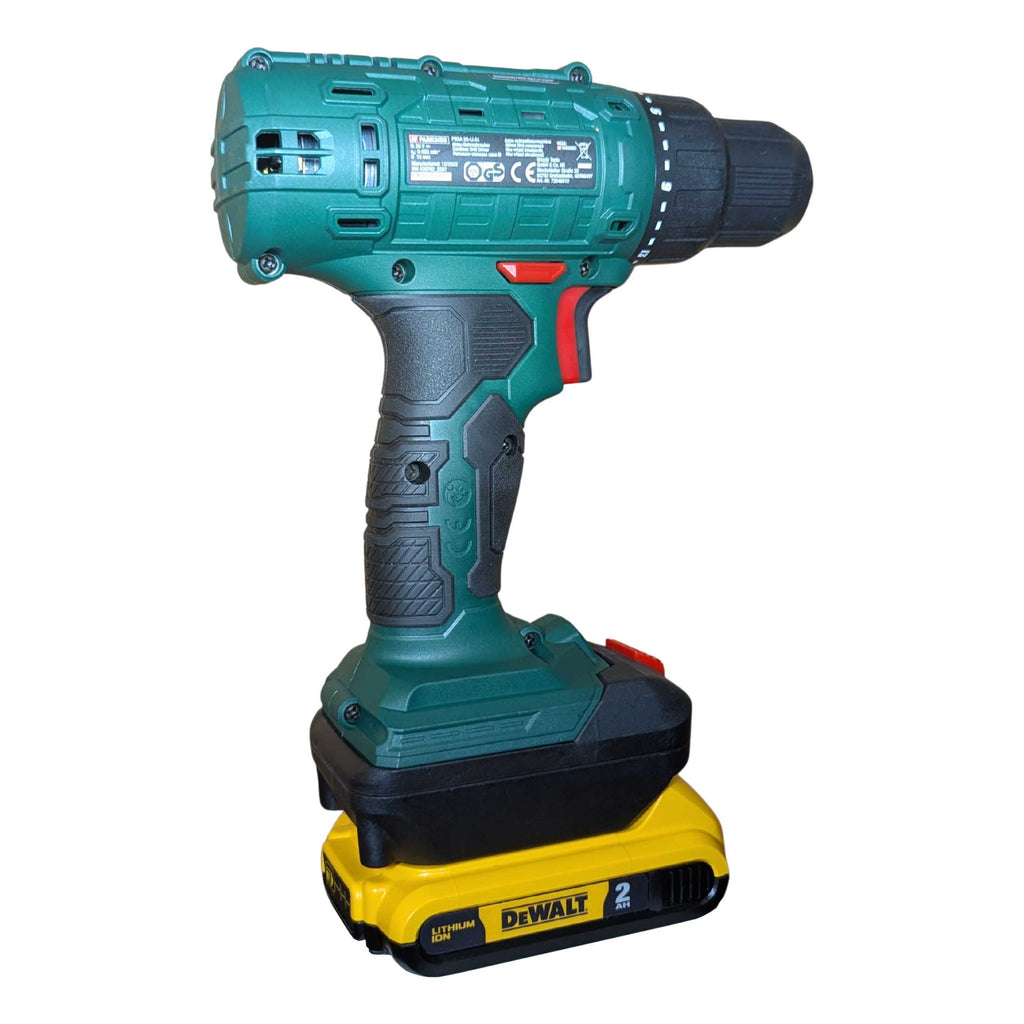 DeWalt 20V MAX to Parkside X20V battery adapter - Parkside drill installed on the adapter, rear view with rating label