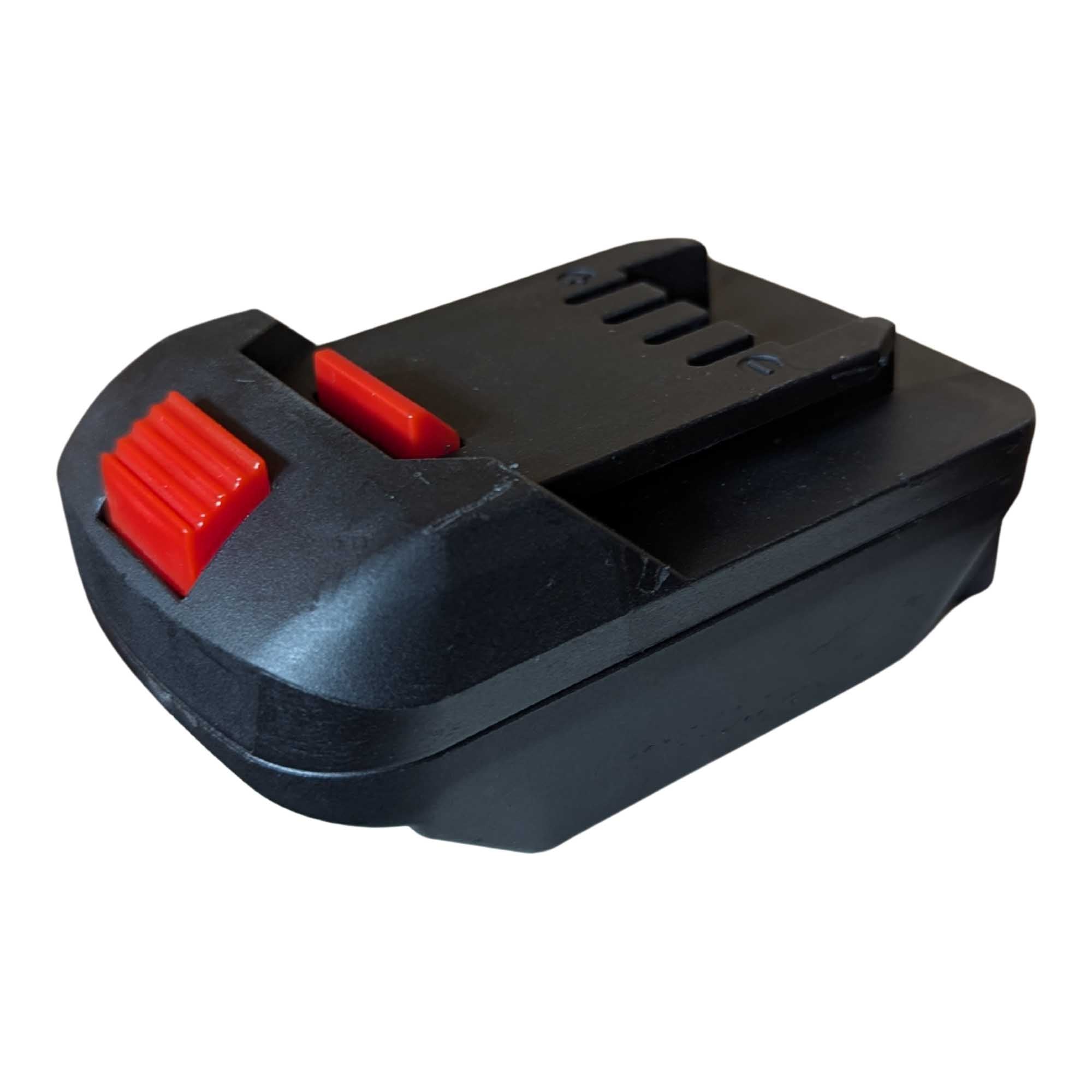 DeWalt 20V MAX to Parkside X20V battery adapter - front view of the ribbed release button, tool-side rail and slots behind