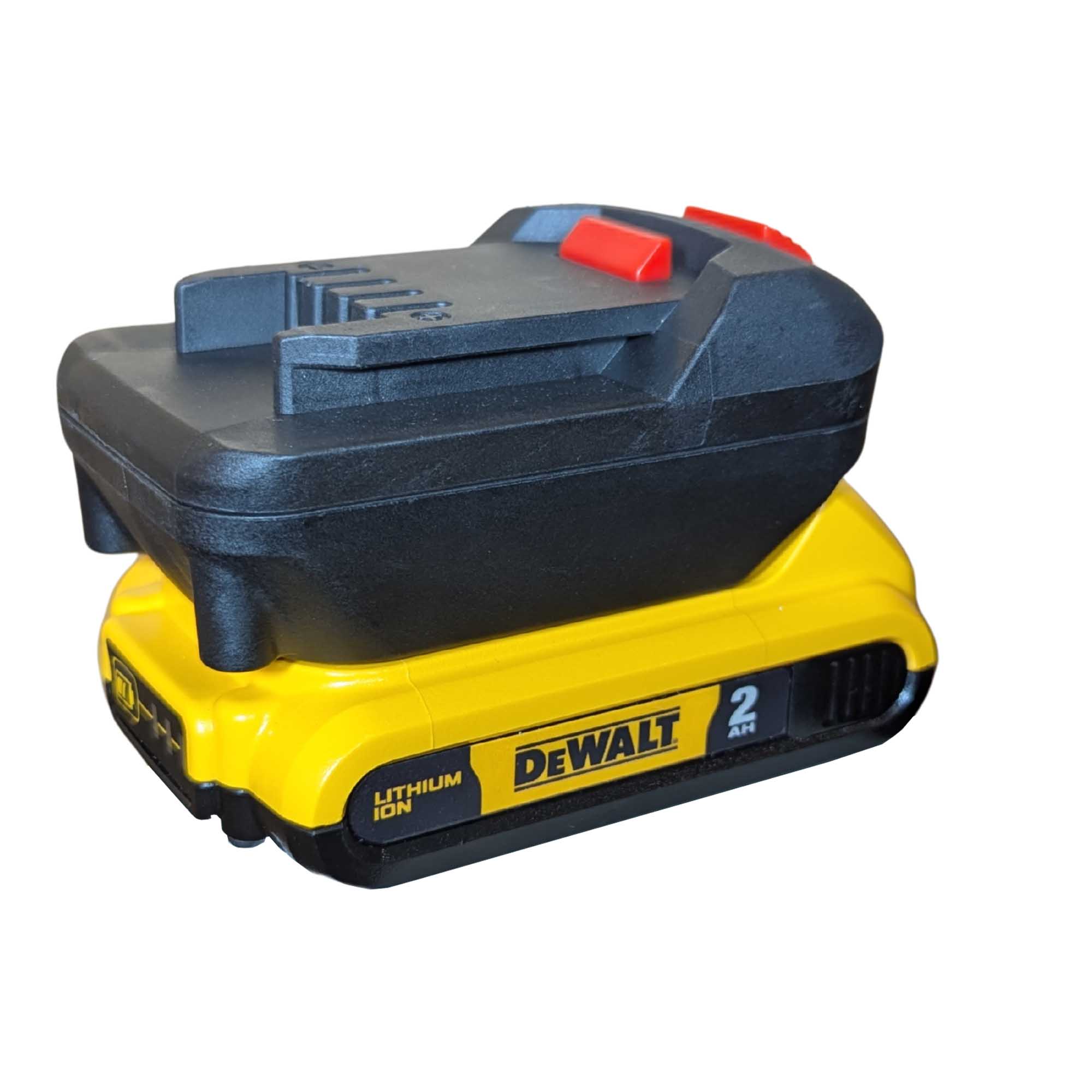 DeWalt 20V MAX to Parkside X20V battery adapter - fitted to the DeWalt 20V MAX battery, charge level gauge on the pack