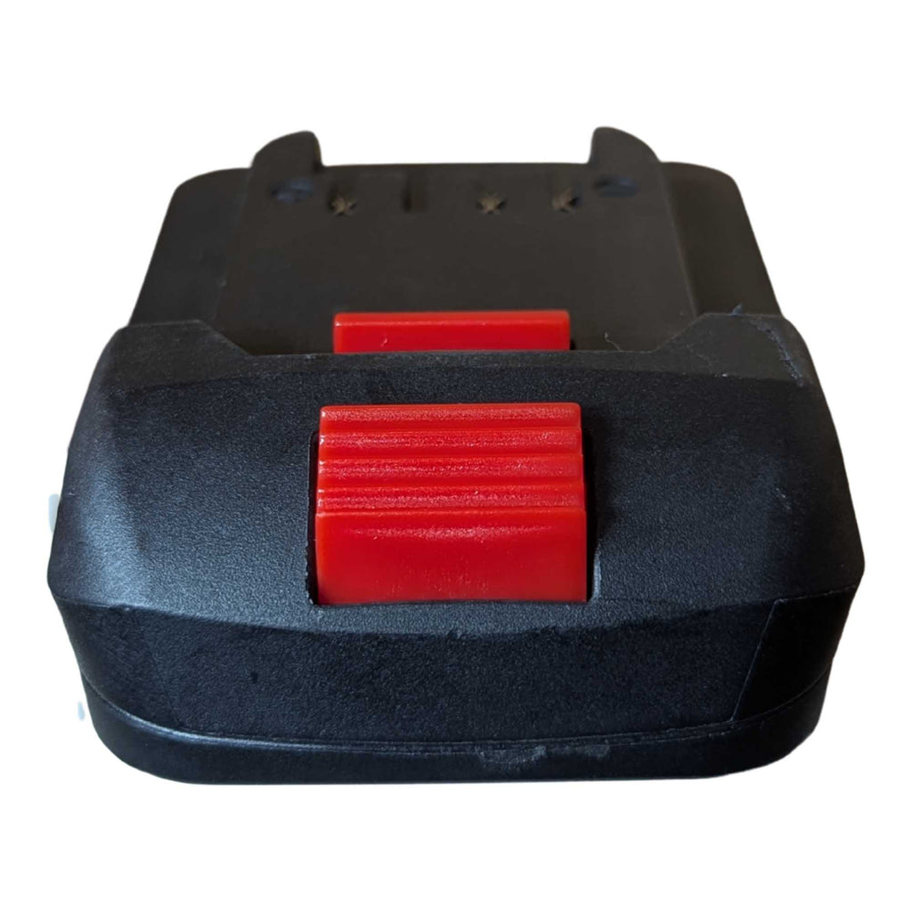 DeWalt 20V MAX to Parkside X20V battery adapter - front view of the ribbed release button and the tool-side latch tab