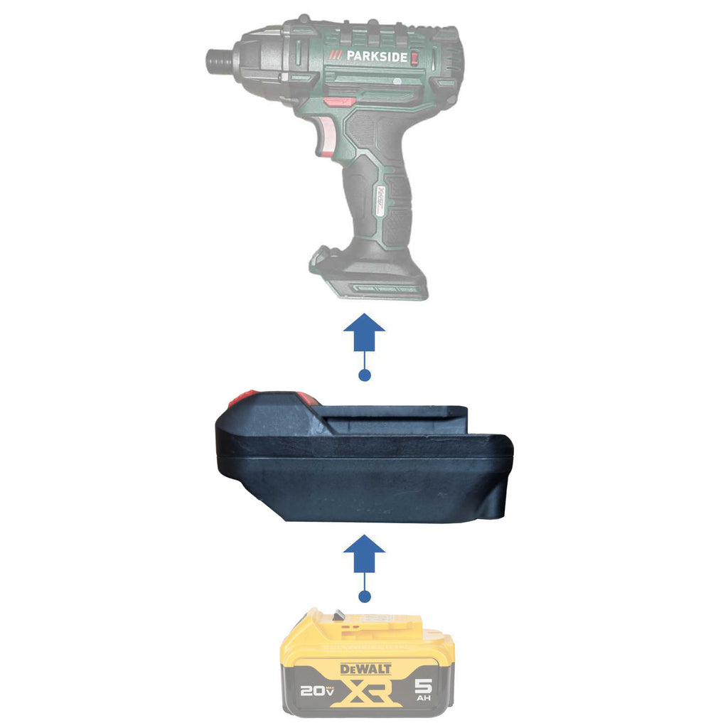 DeWalt 20V MAX to Parkside X20V battery adapter - compatibility diagram showing battery, adapter and impact driver