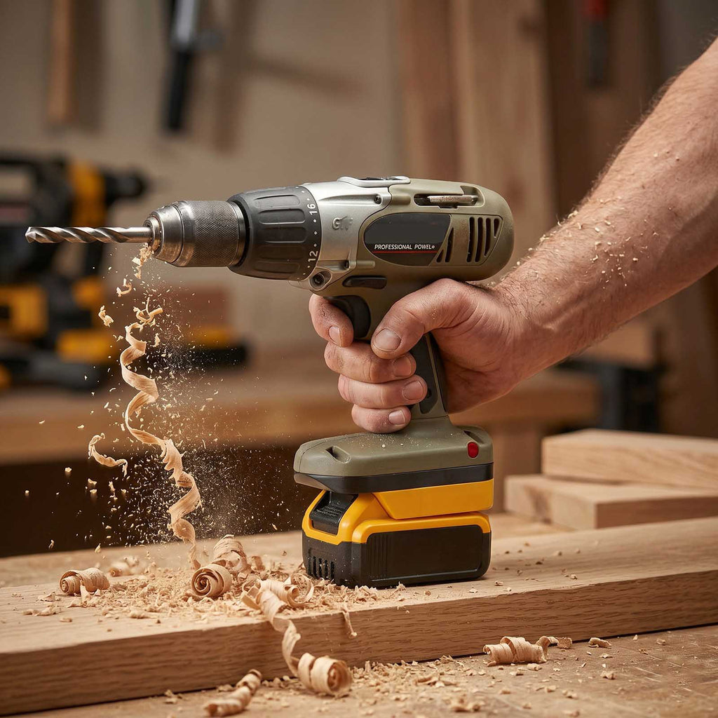 DeWalt 20V MAX to Porter Cable 19.2V Ni-Cd battery adapter - installed on a drill boring into a board, battery fitted below
