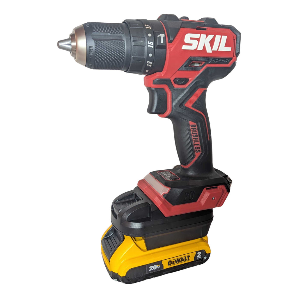 DeWalt 20V MAX to SKIL 20V PWR CORE battery adapter - front view installed on a SKIL hammer drill, seated on the battery pack