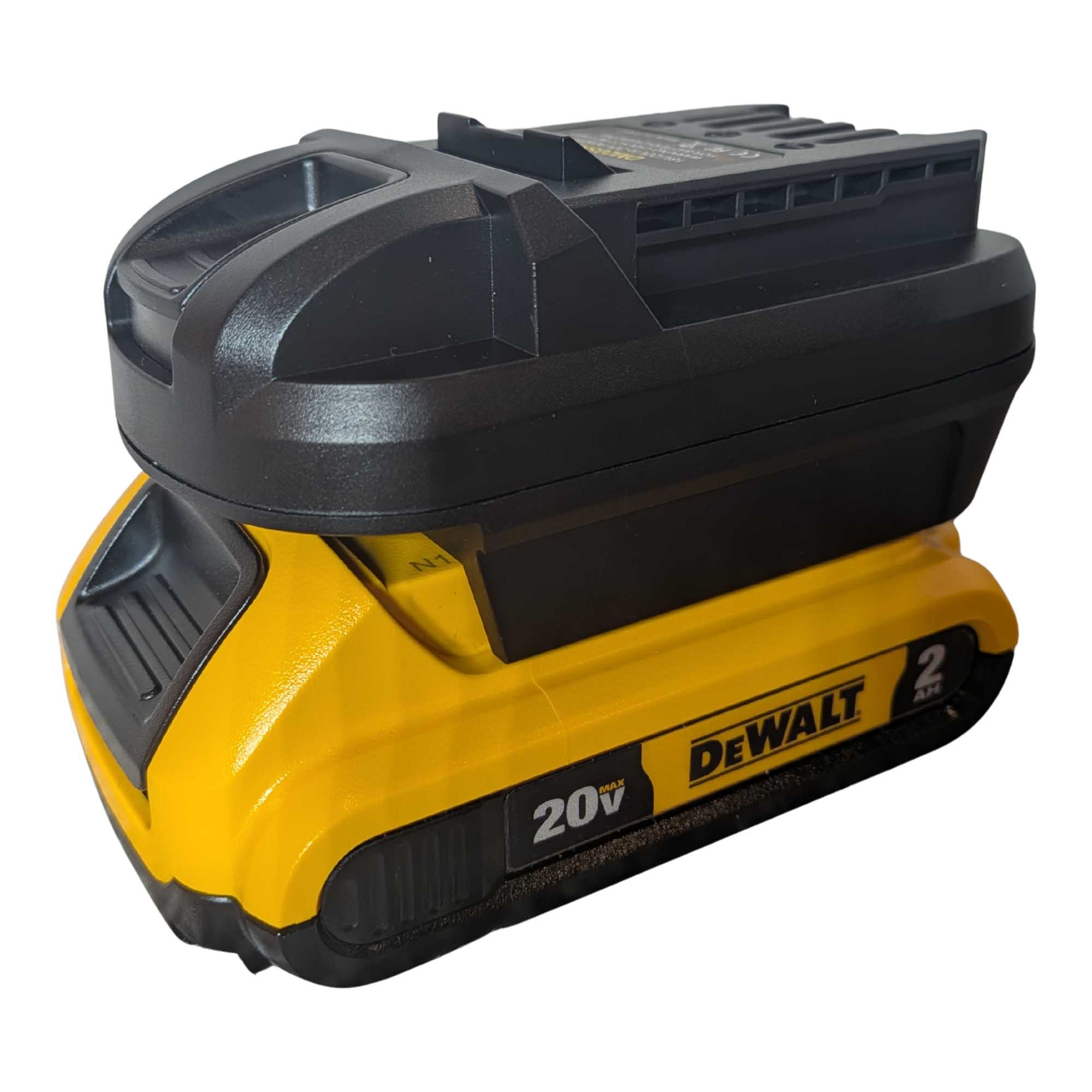 DeWalt 20V MAX to SKIL 20V PWR CORE battery adapter - fitted to the DeWalt 20V MAX battery, tool-side rails upward